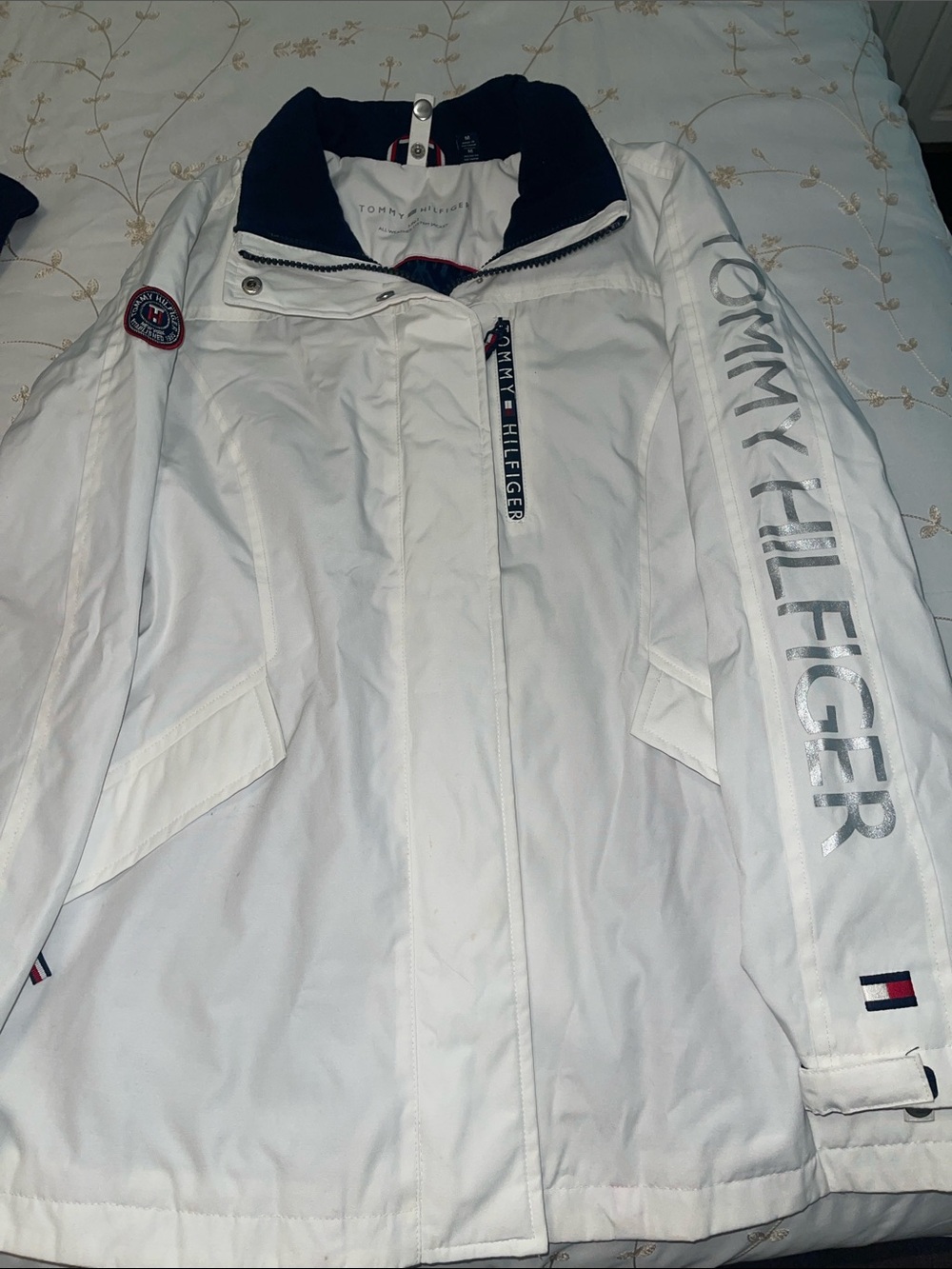 Tommy Hilfiger White Raincoat with Navy Collar and Sleeve Logo